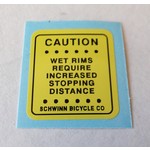 Schwinn Early Schwinn BMX "Wet Rims" warning decal (for USA made bikes)