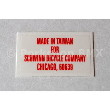 Schwinn Schwinn Predator "Made in Taiwan" seat mast decal (1984-88)