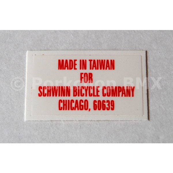 Schwinn Schwinn Predator "Made in Taiwan" seat mast decal (1984-88)