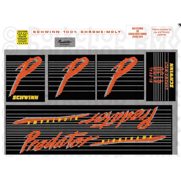 Schwinn 1985 Schwinn Predator NIGHTHAWK complete decal set (for BLACK CHROME frames)