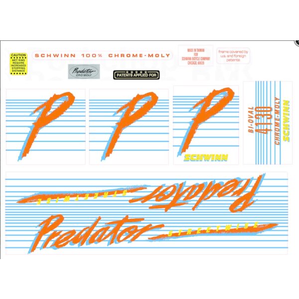 Schwinn 1985-86 Schwinn Predator STREETWISE complete decal set (for CHROME frames)