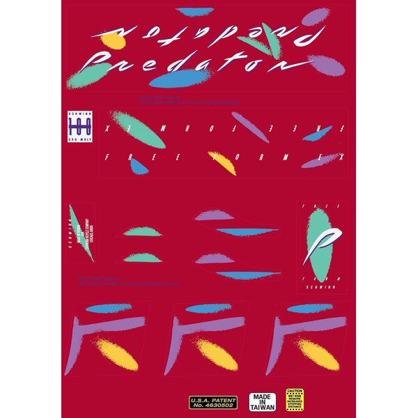 Schwinn Schwinn 1987 Predator Free Form EX old school BMX bicycle decal set  for RED paint (officially licensed)