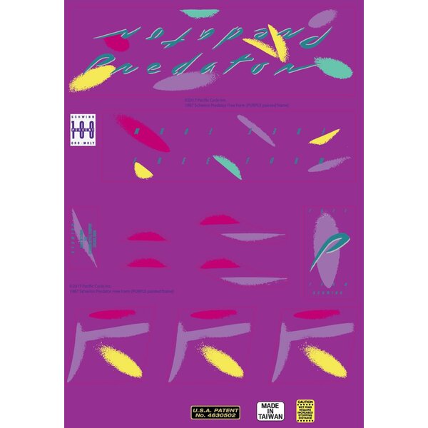 Schwinn Schwinn 1987 Predator Free Form old school BMX bicycle decal set  for PURPLE paint (officially licensed)