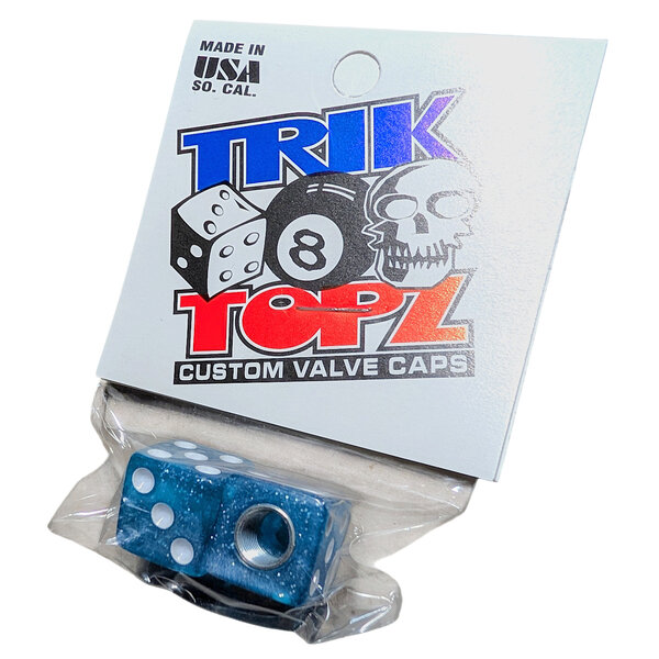 NOS Trik Topz dice Schrader valve caps (PAIR) - BLUE GLITTER