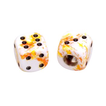 Porkchop BMX Porkchop Dice Bicycle Tire Schrader Valve Caps (pair) - WHITE YELLOW ORANGE SPLATTER w/ BLACK pips