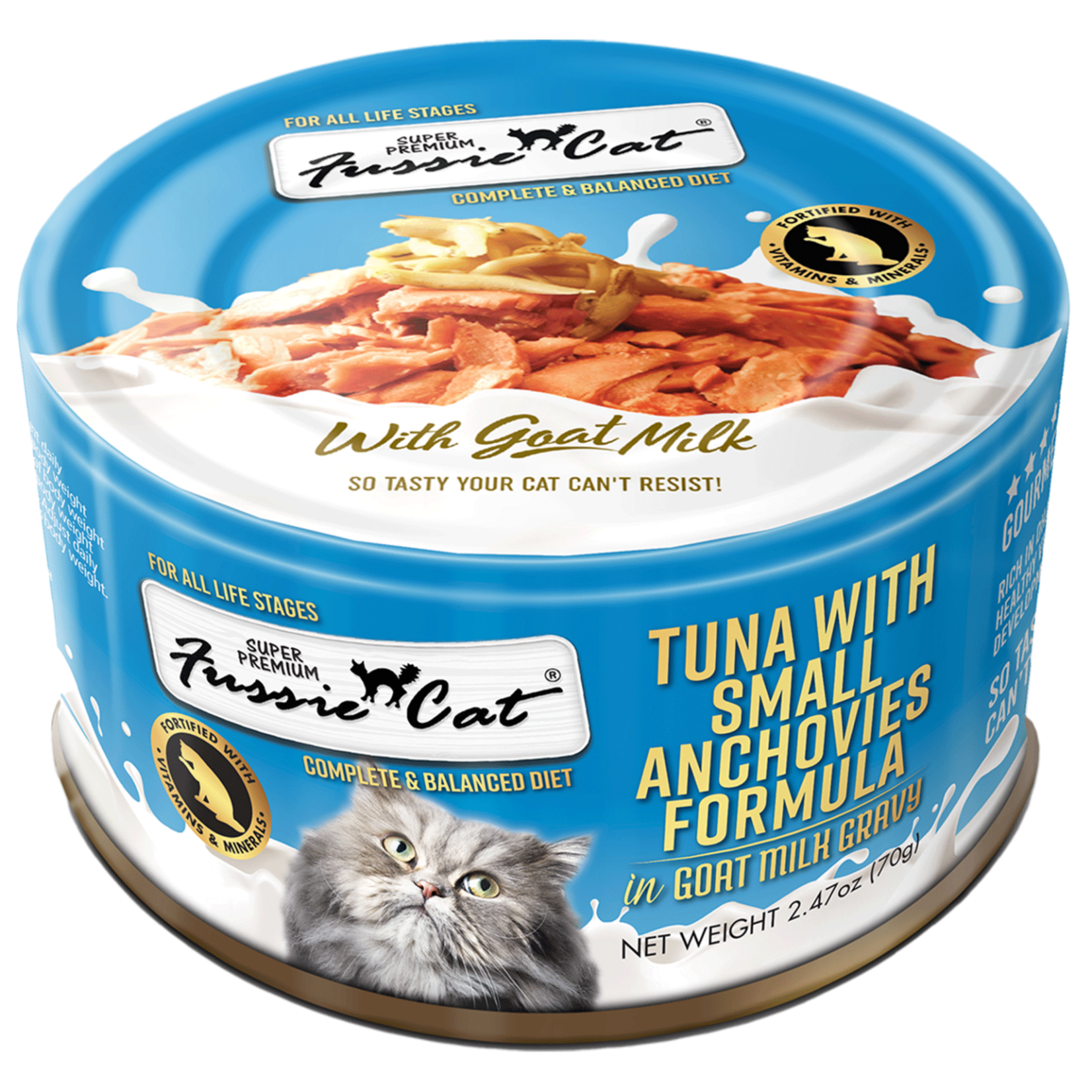 Fussie Cat Super Premium Tuna With Small Anchovies in Goat Milk Gravy Can 2.47oz