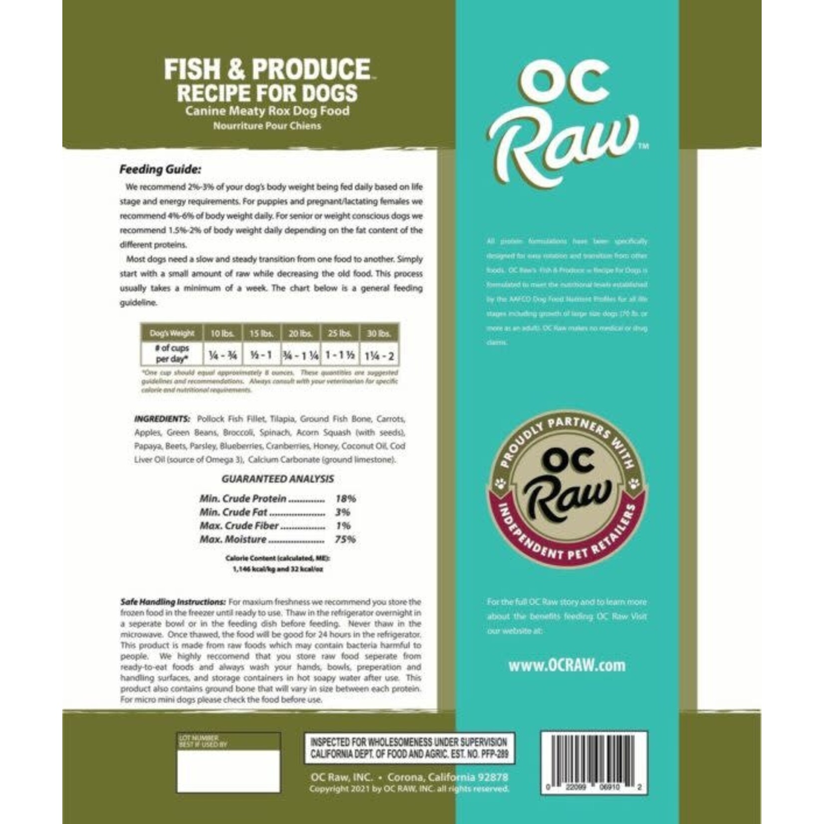 OC Raw Frozen Raw Fish & Produce Meaty Rox for Dogs 3lb