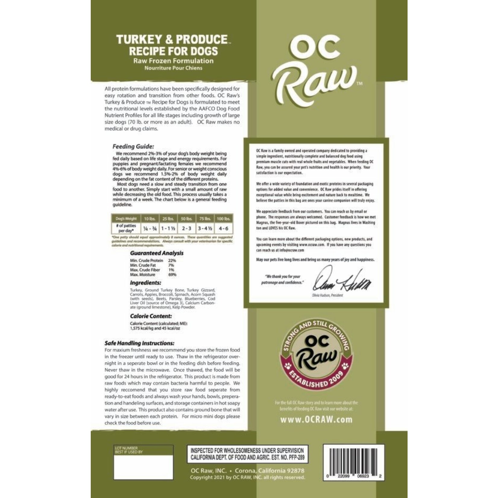 OC Raw Frozen Raw Turkey & Produce Patties for Dogs 6lb