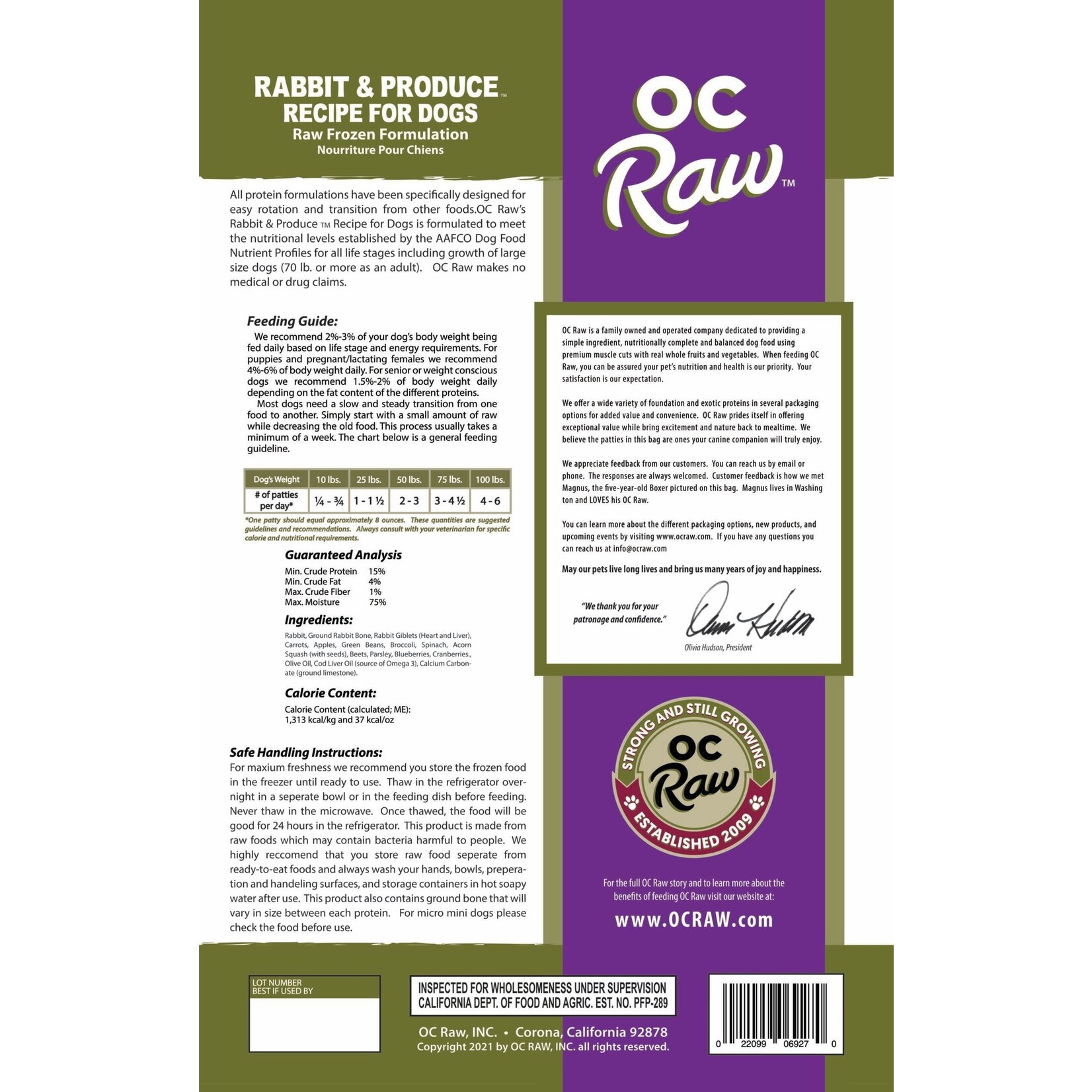 OC Raw Frozen Raw Rabbit & Produce Patties for Dogs 6lb