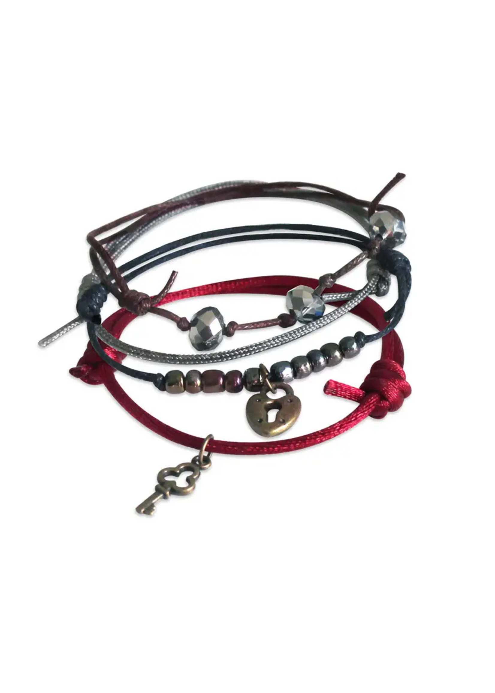 O Yeah Gifts Heart Lock & Key Bracelets, Red Gray Strings