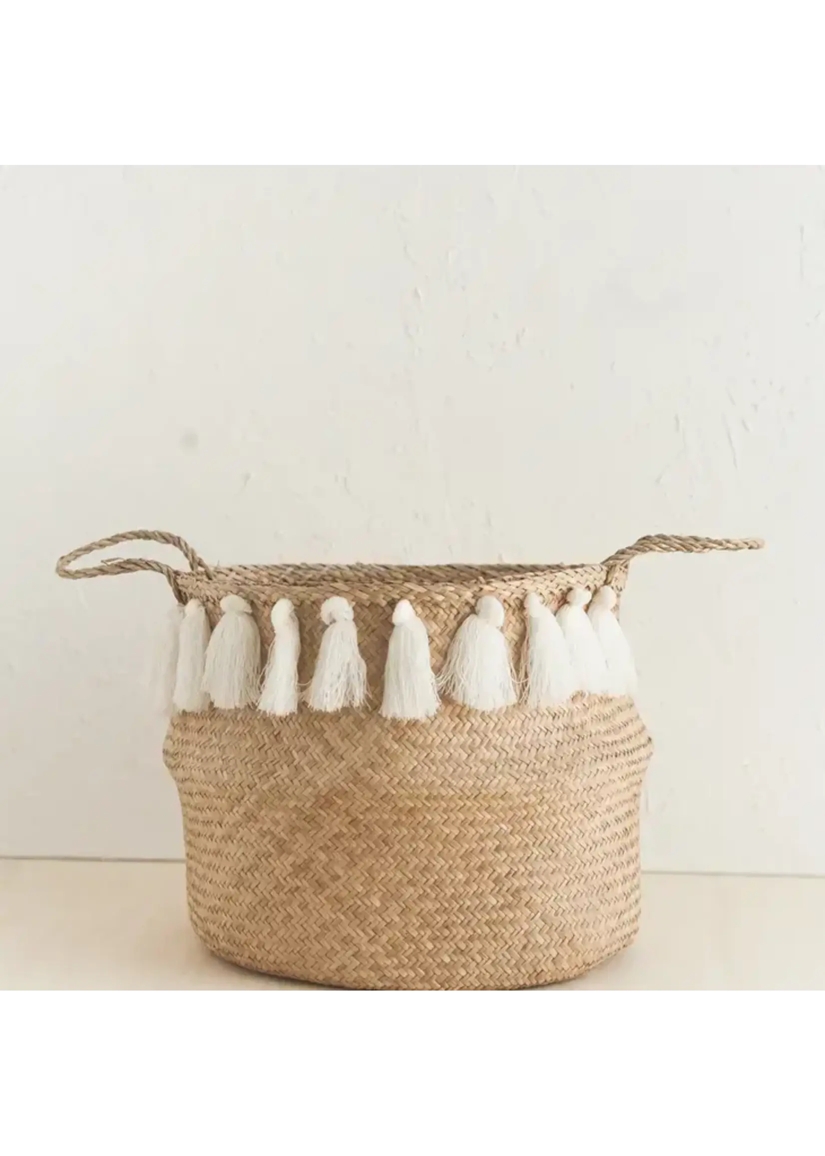 Acacia Creations Tasseled Seagrass Belly Basket - White