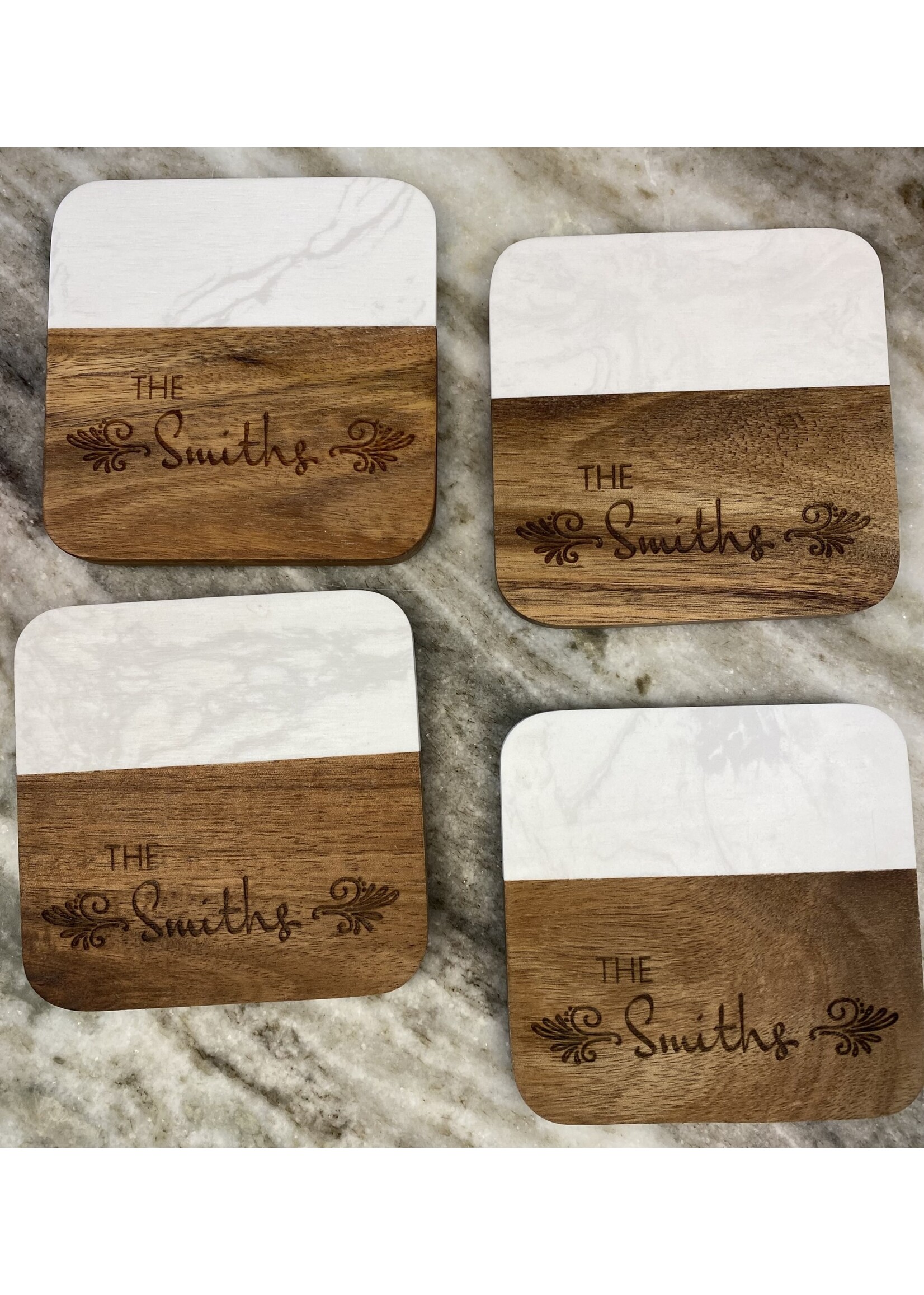 Prim In Proper Marble/Wood Coaster 4" Square Personalized Set of 4