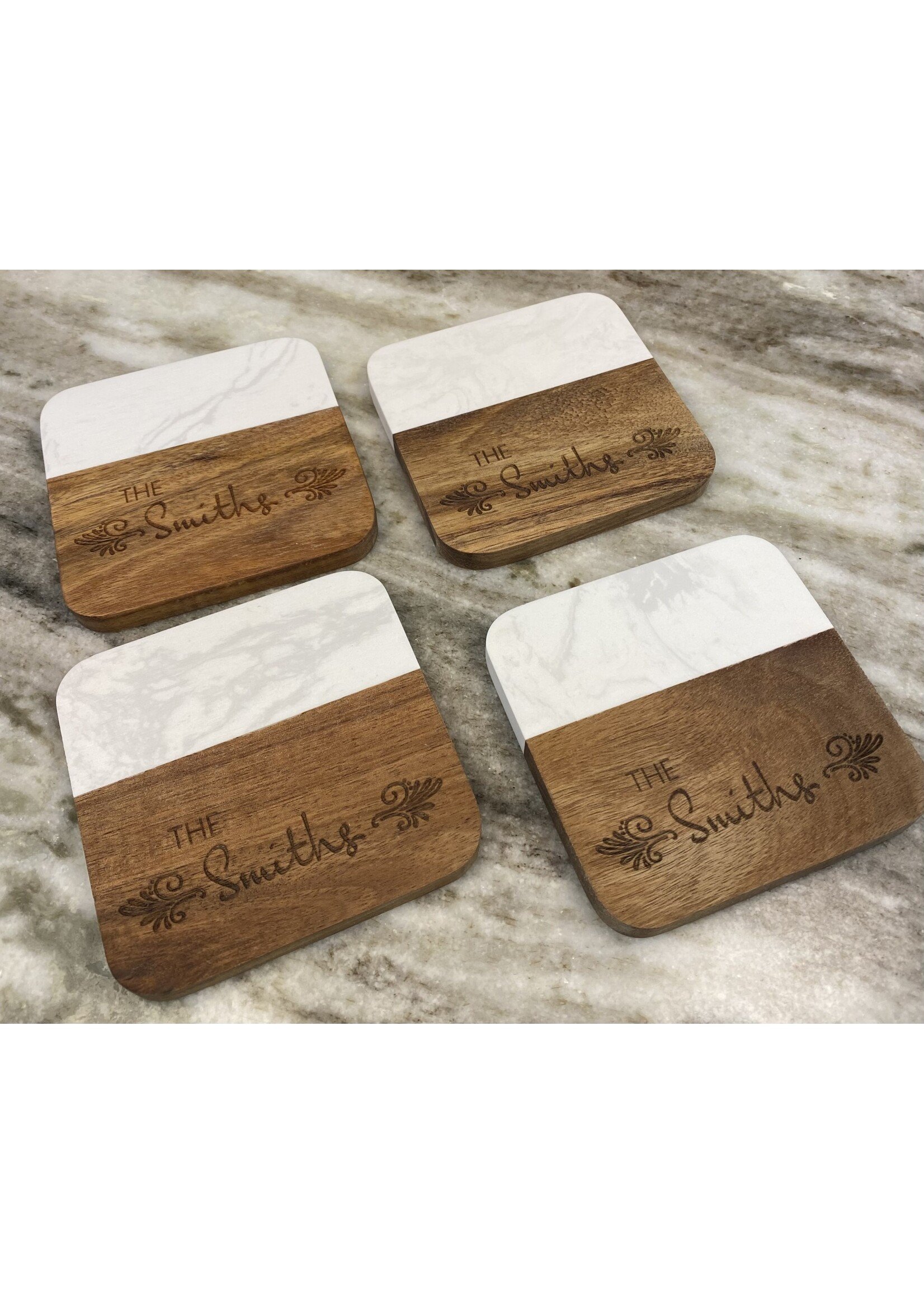 Prim In Proper Marble/Wood Coaster 4" Square Personalized Set of 4