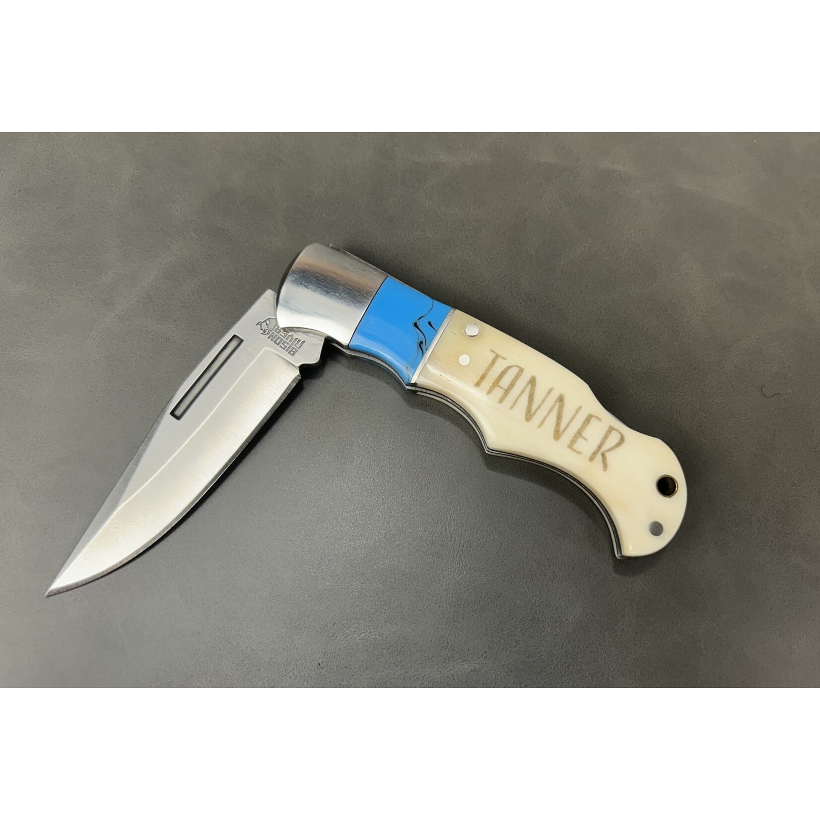 Bison River Custom Engraved Bone Folding Knife w/ 3.5" Blade