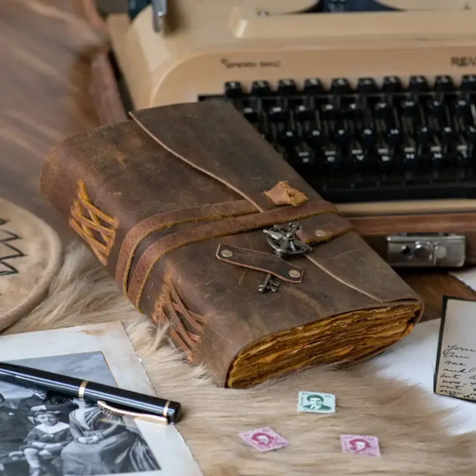 R K Handicrafts and Exporters Vintage Leather Diary Journal w/ Key Craft Pages