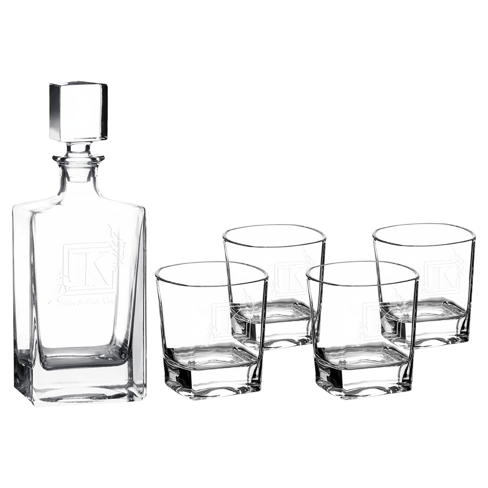 Prim In Proper Custom Engraved Rectangle Decanter Set w/ 4 Glasses