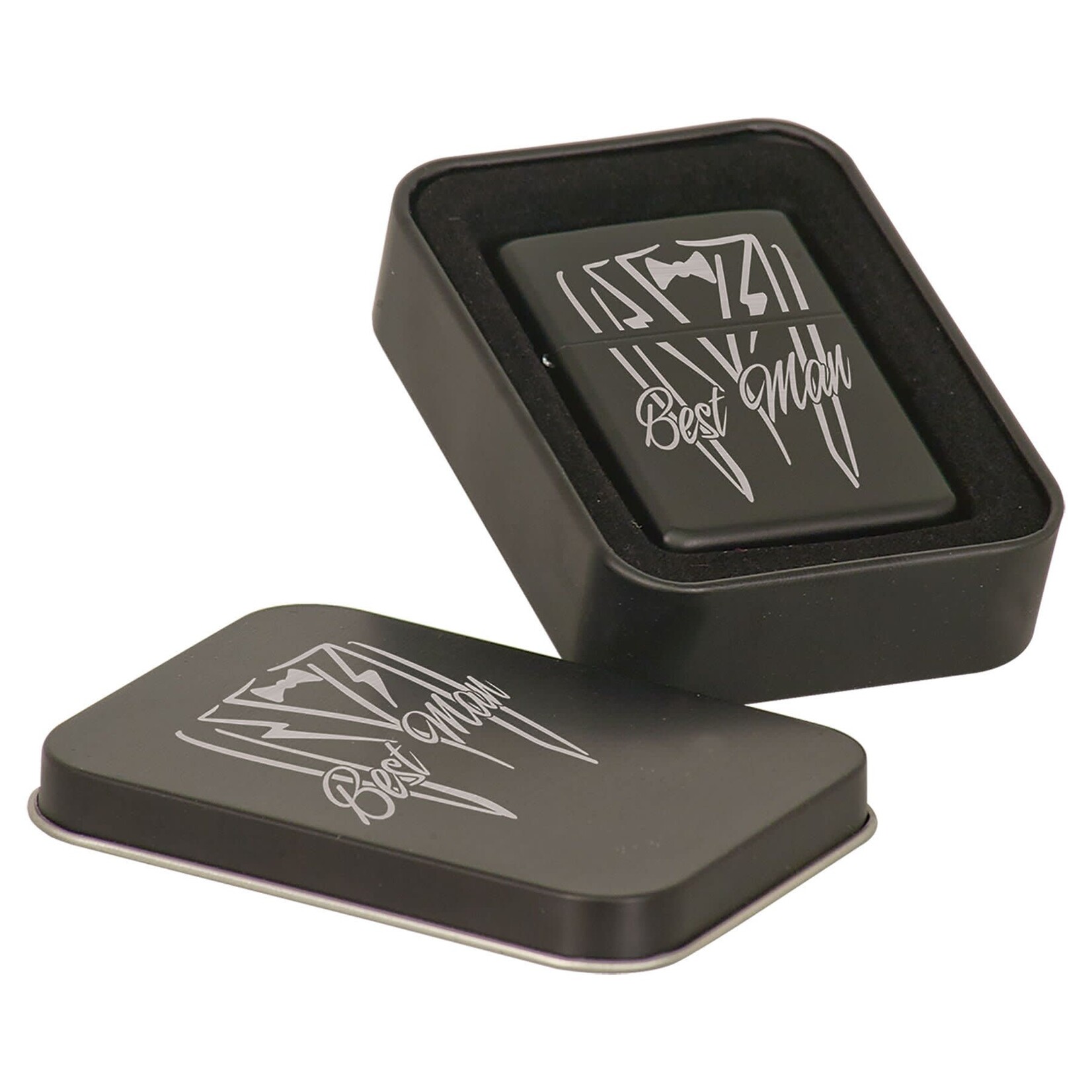 Prim In Proper Custom Engraved Star Refillable Lighter in Black Tin