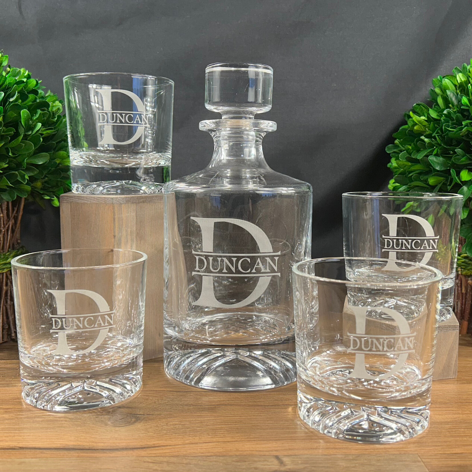 Prim In Proper Custom Engraved Decanter Set w/ 4 Glasses
