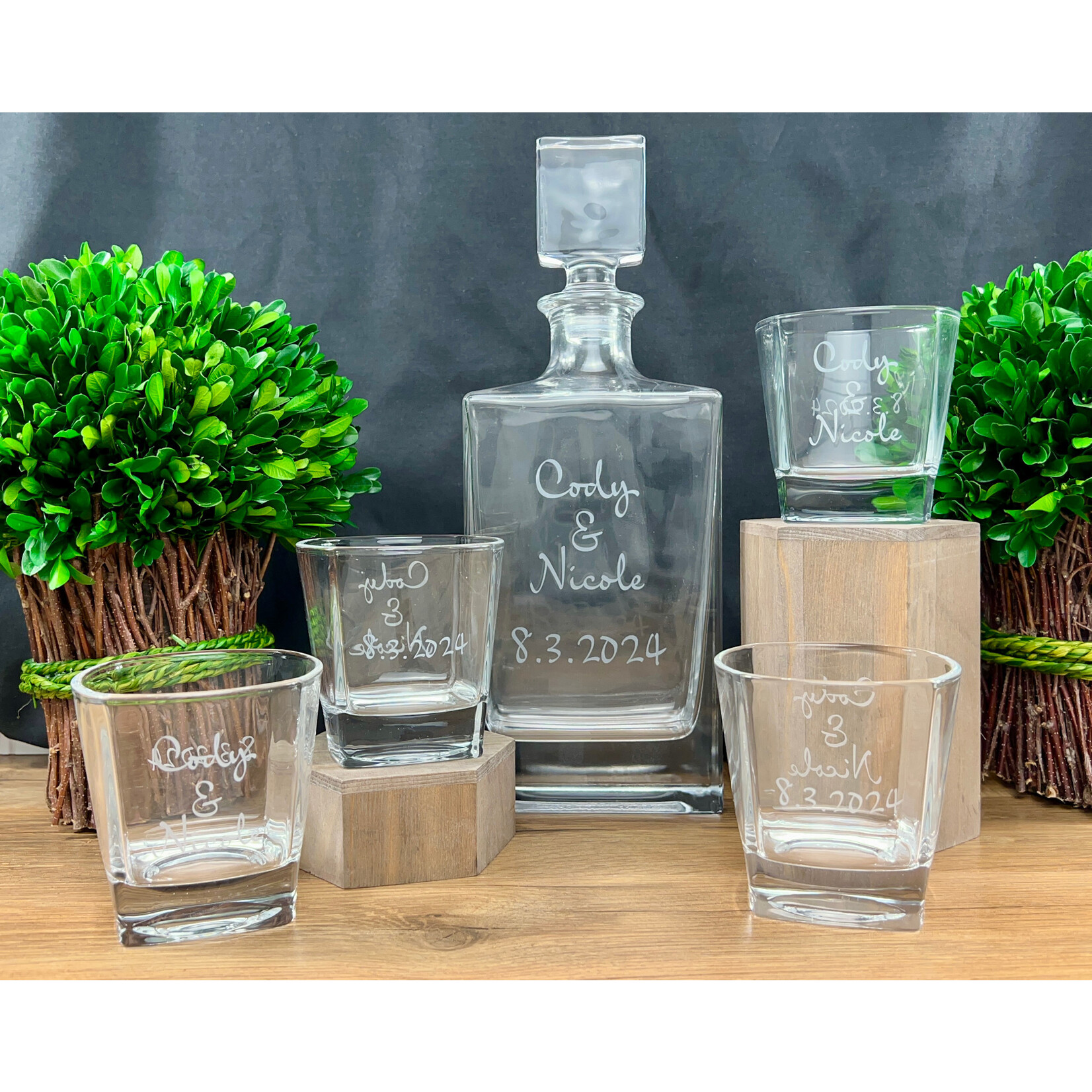 Prim In Proper Custom Engraved Rectangle Decanter Set w/ 4 Glasses