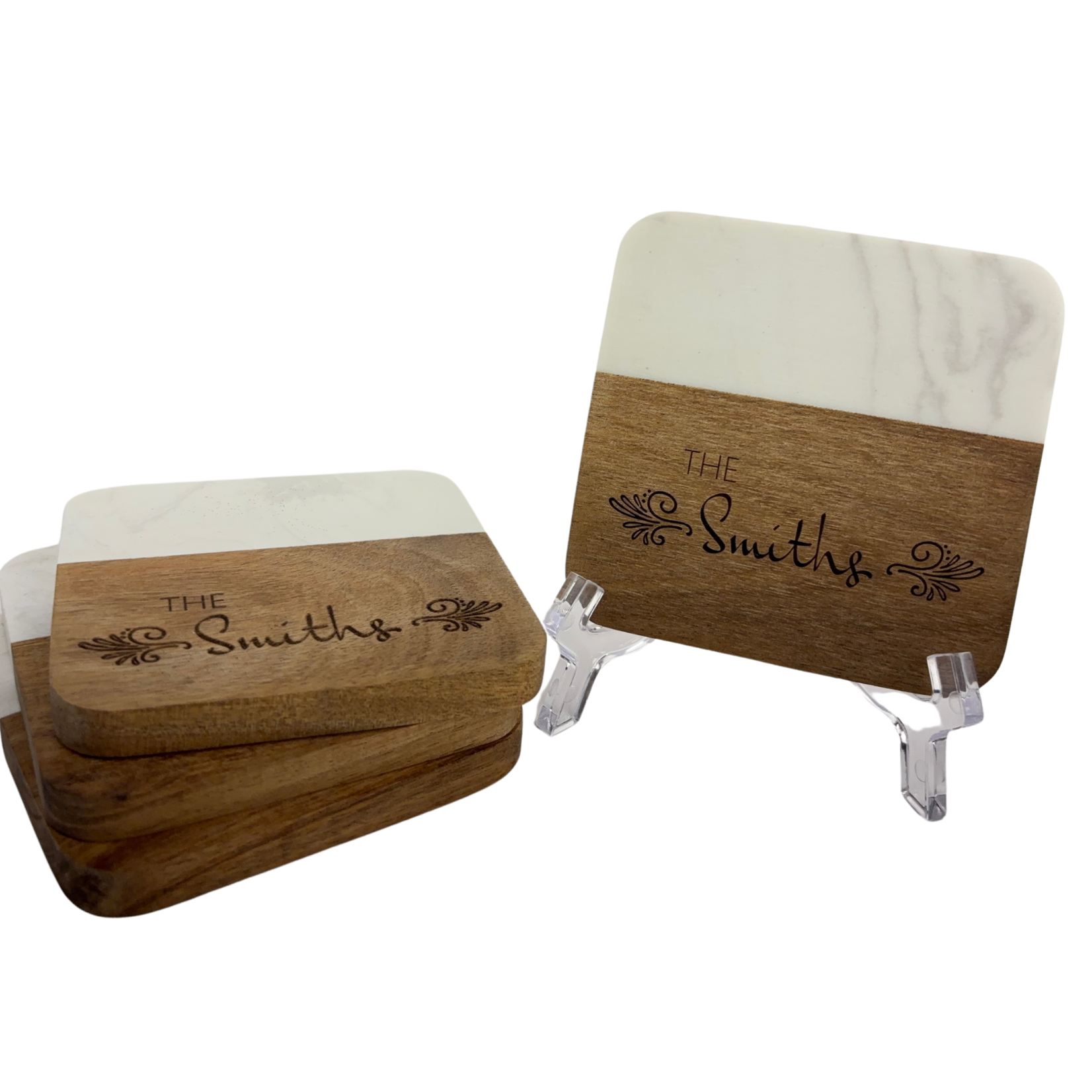 Prim In Proper Custom Engraving Marble/Wood Coaster 4" Smooth Square Set of 4