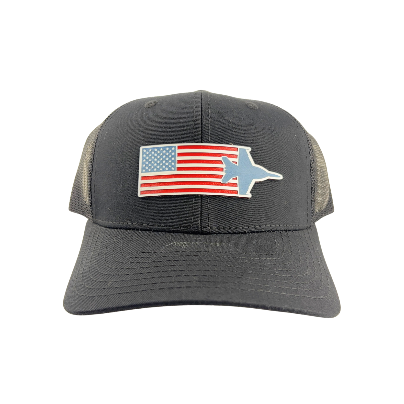 Prim In Proper Trucker Hat Cap US Flag F-18 Jet RWB