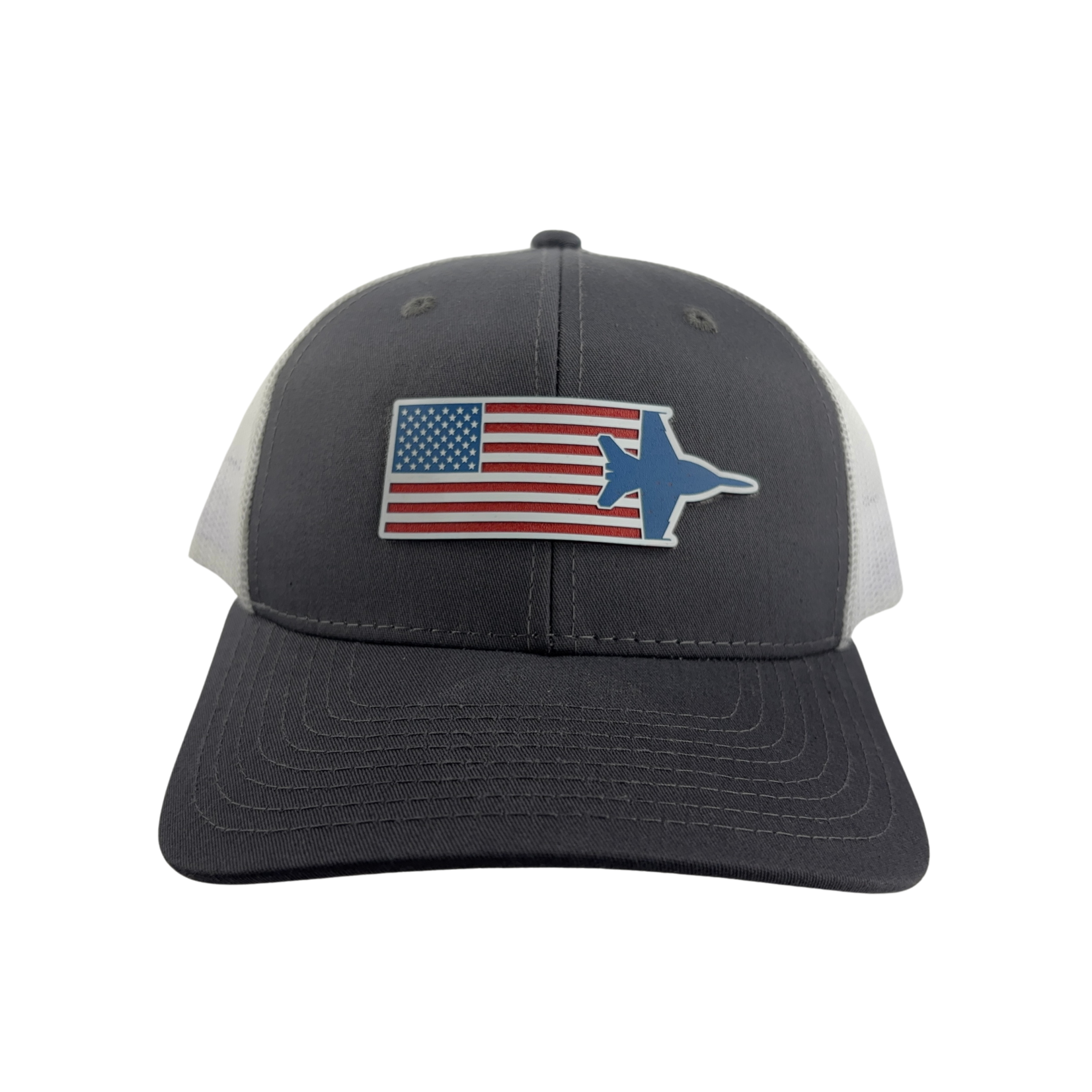 Prim In Proper Trucker Hat Cap US Flag F-18 Jet RWB