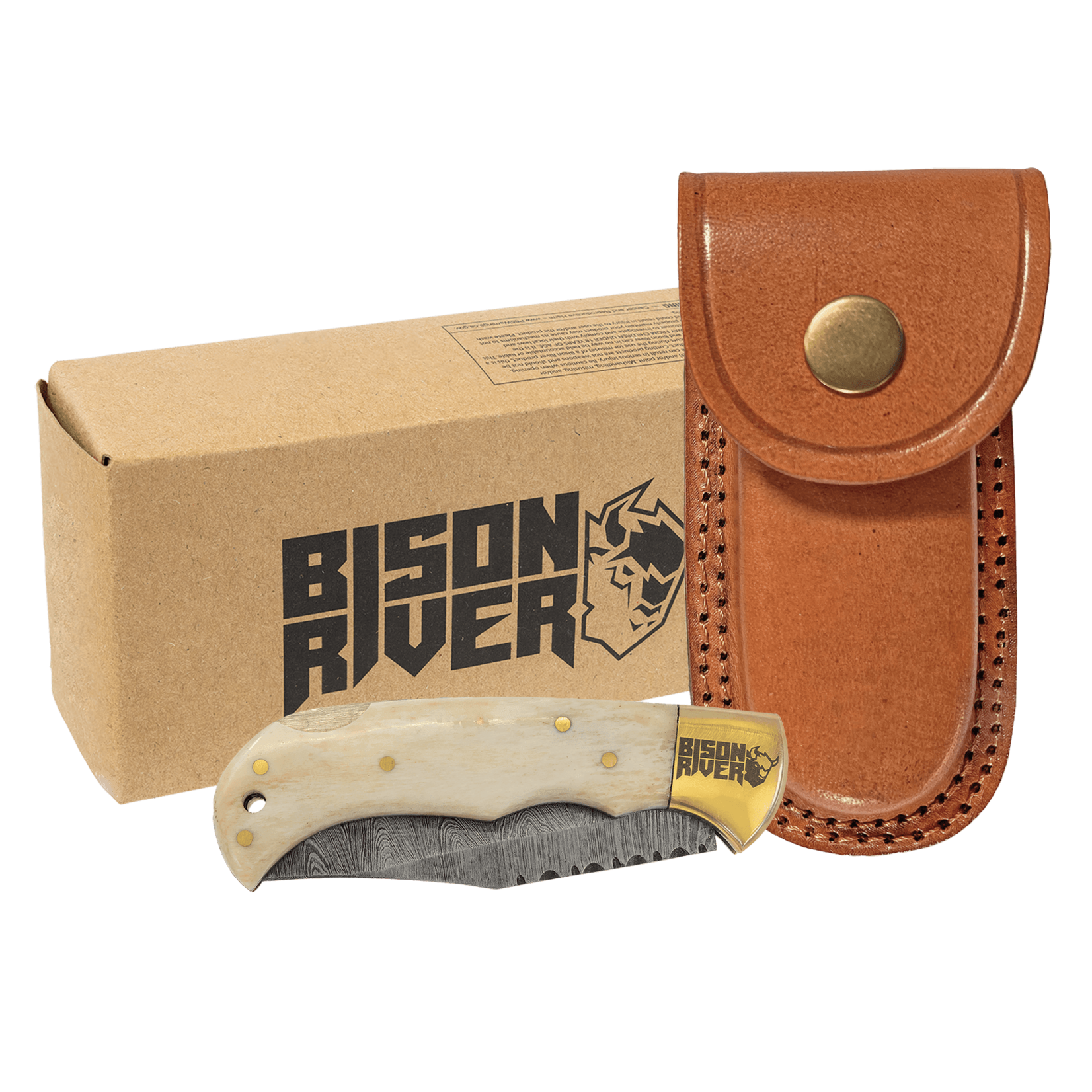 Bison River Bone Folding Knife w/ 3.75" Damascus Steel Blade