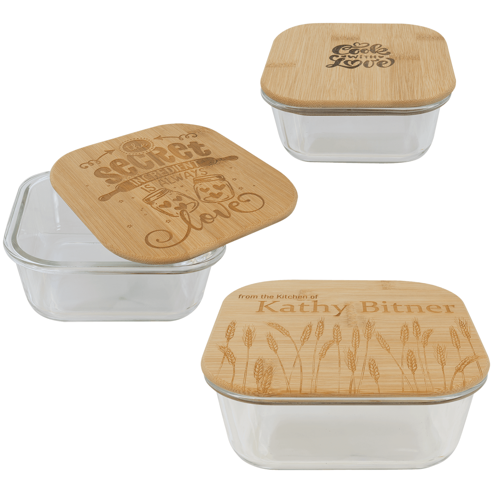 Prim In Proper Custom Engraved Square Glass Food Container with Bamboo Lid