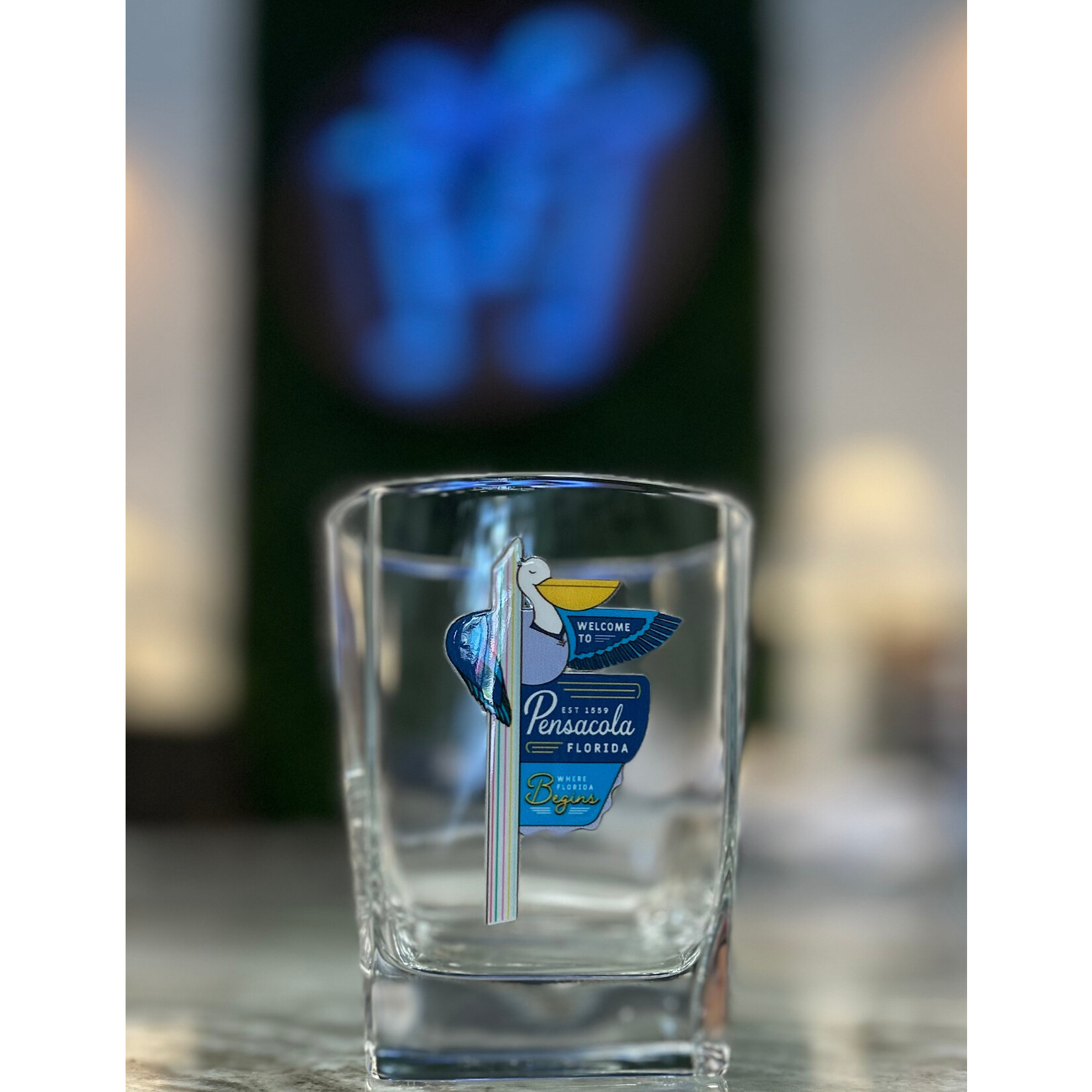 Prim In Proper Pensacola Pelican Welcome Sign Square Rocks Glass 10.5 oz