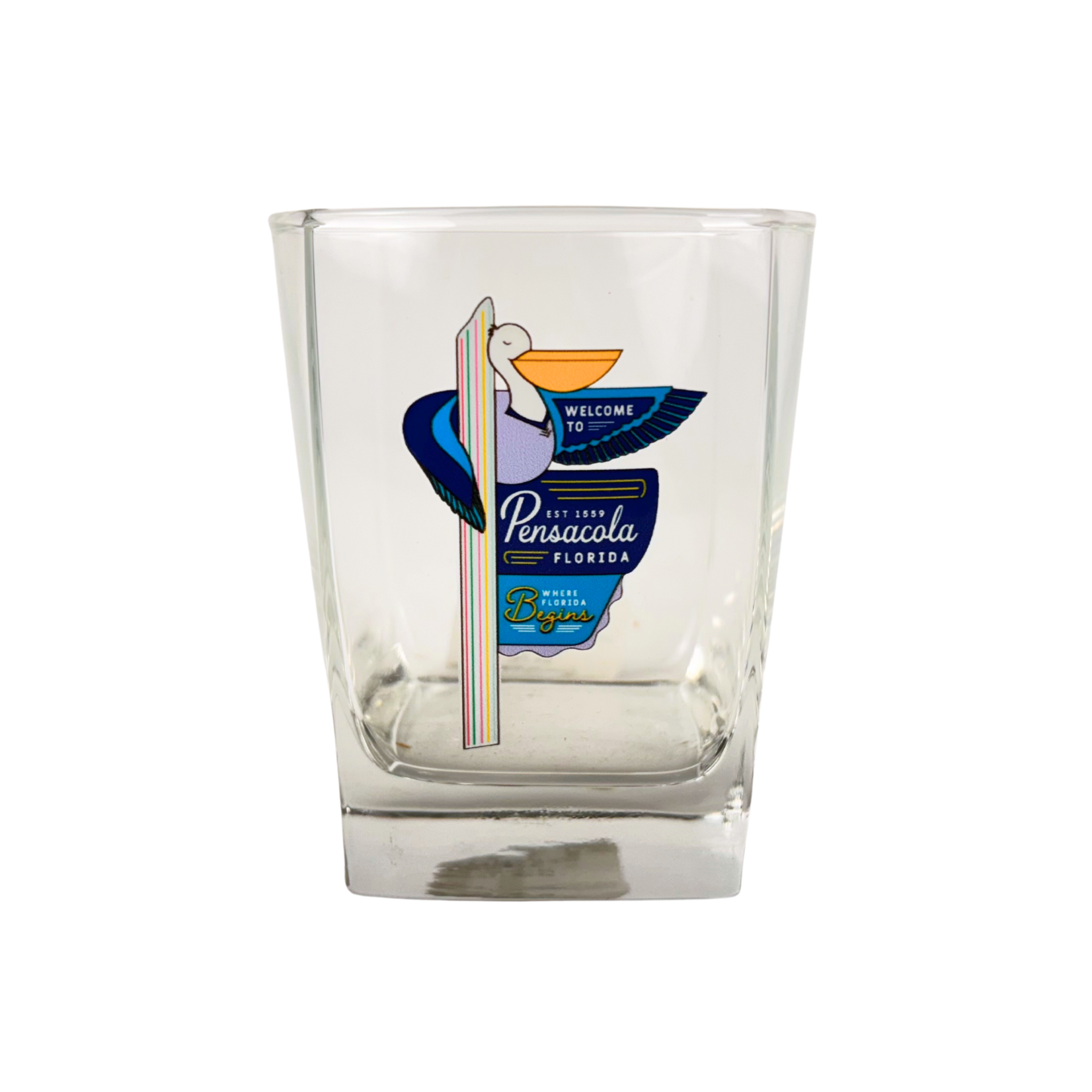 Prim In Proper Pensacola Pelican Welcome Sign Square Rocks Glass 10.5 oz