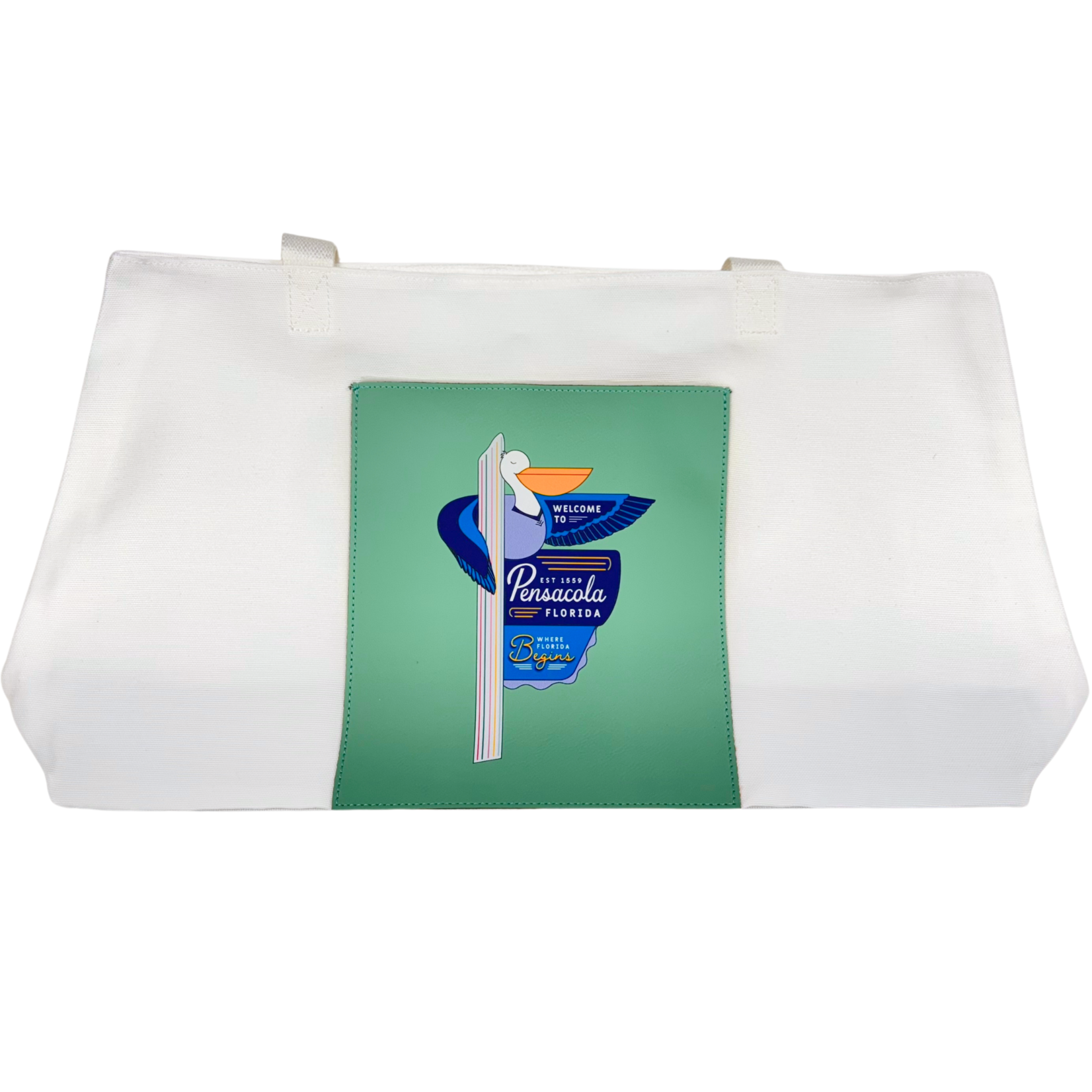Prim In Proper Pensacola Pelican Welcome Sign  - Canvas/Teal Tote Bag