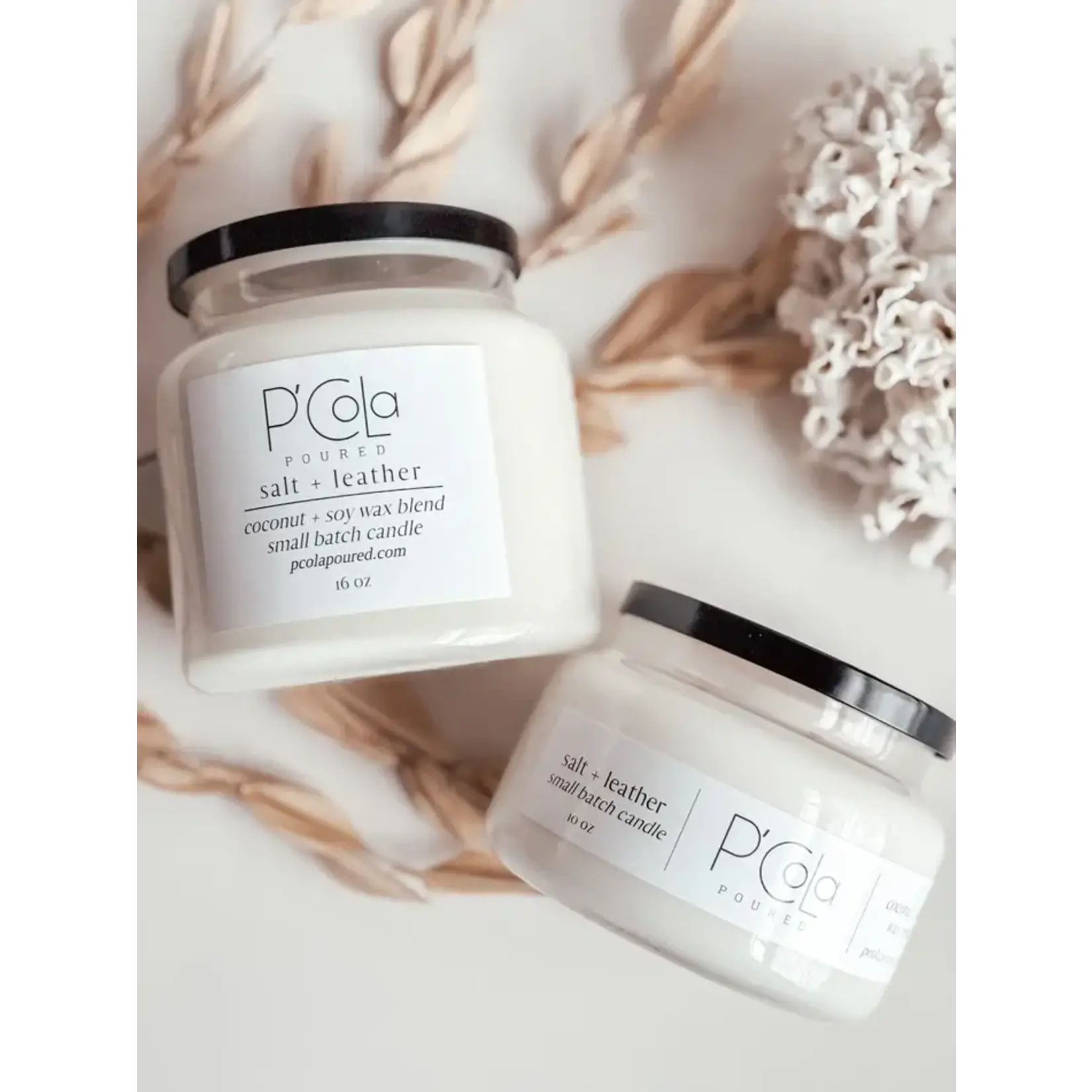 P'Cola Soap Co. Salt + Leather Candle 16 oz
