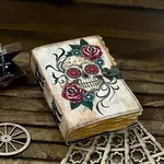 R K Handicrafts and Exporters Vintage Leather Journal Grimoire with Sugar Skull Rose Print