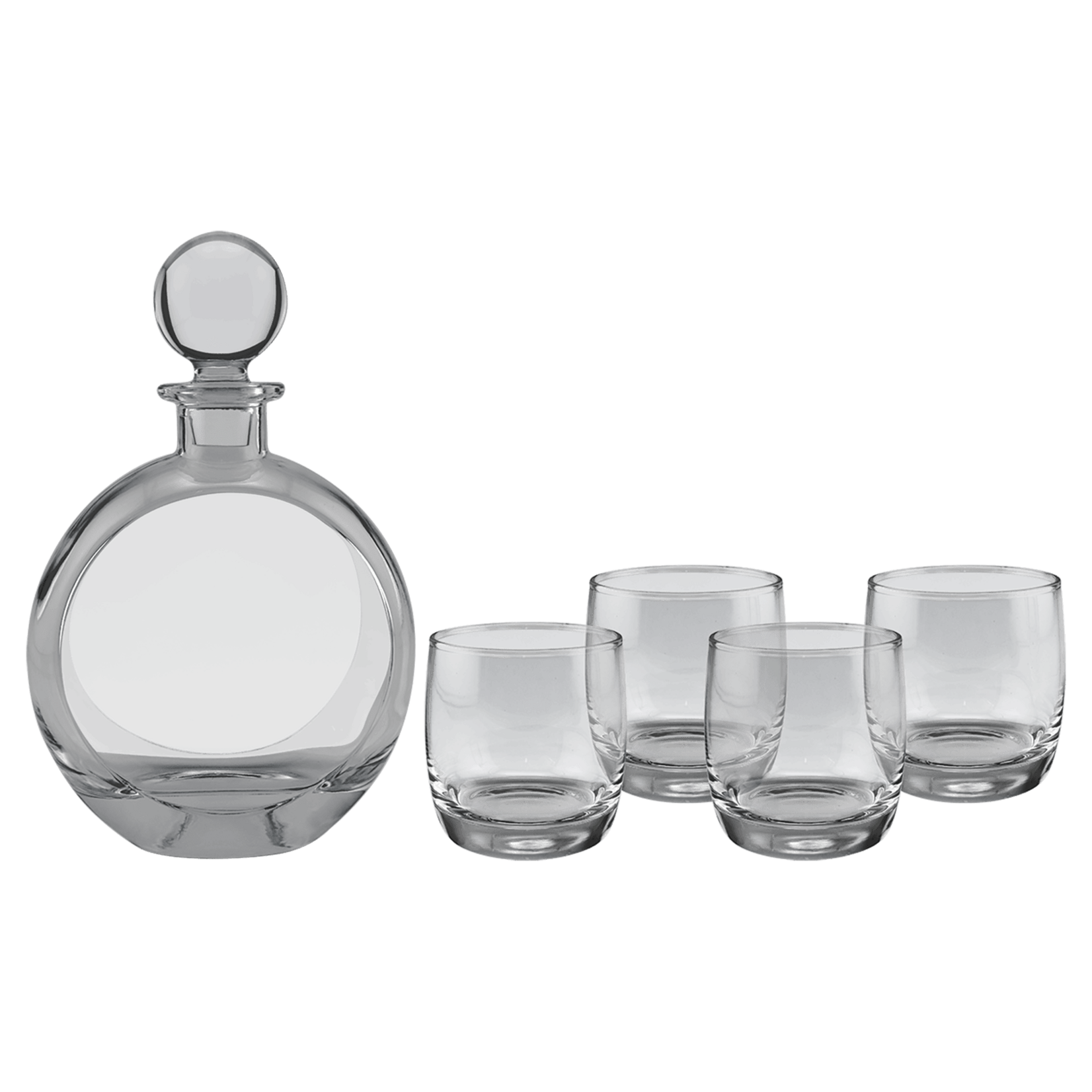 Prim In Proper Flat Round Decanter Set w/ 4 Glasses