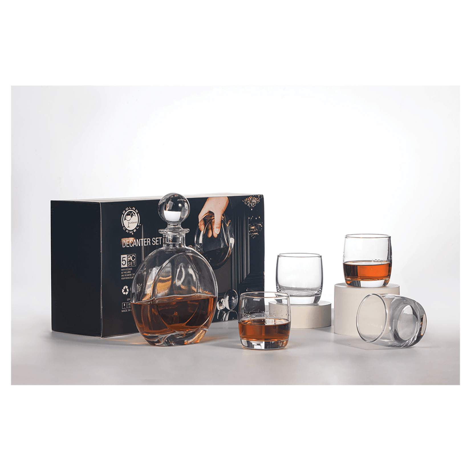 Prim In Proper Flat Round Decanter Set w/ 4 Glasses