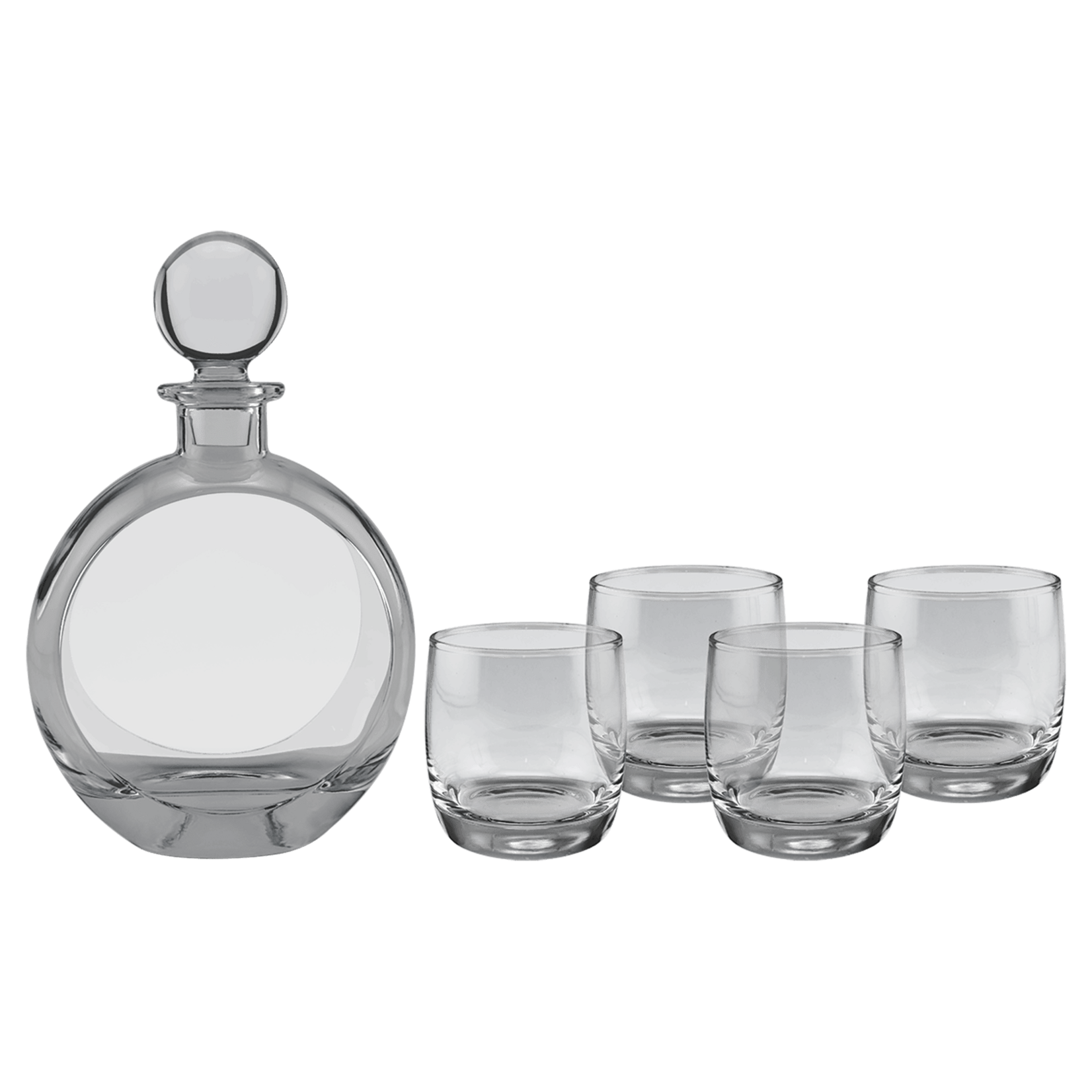Prim In Proper Flat Round Decanter Set w/ 4 Glasses