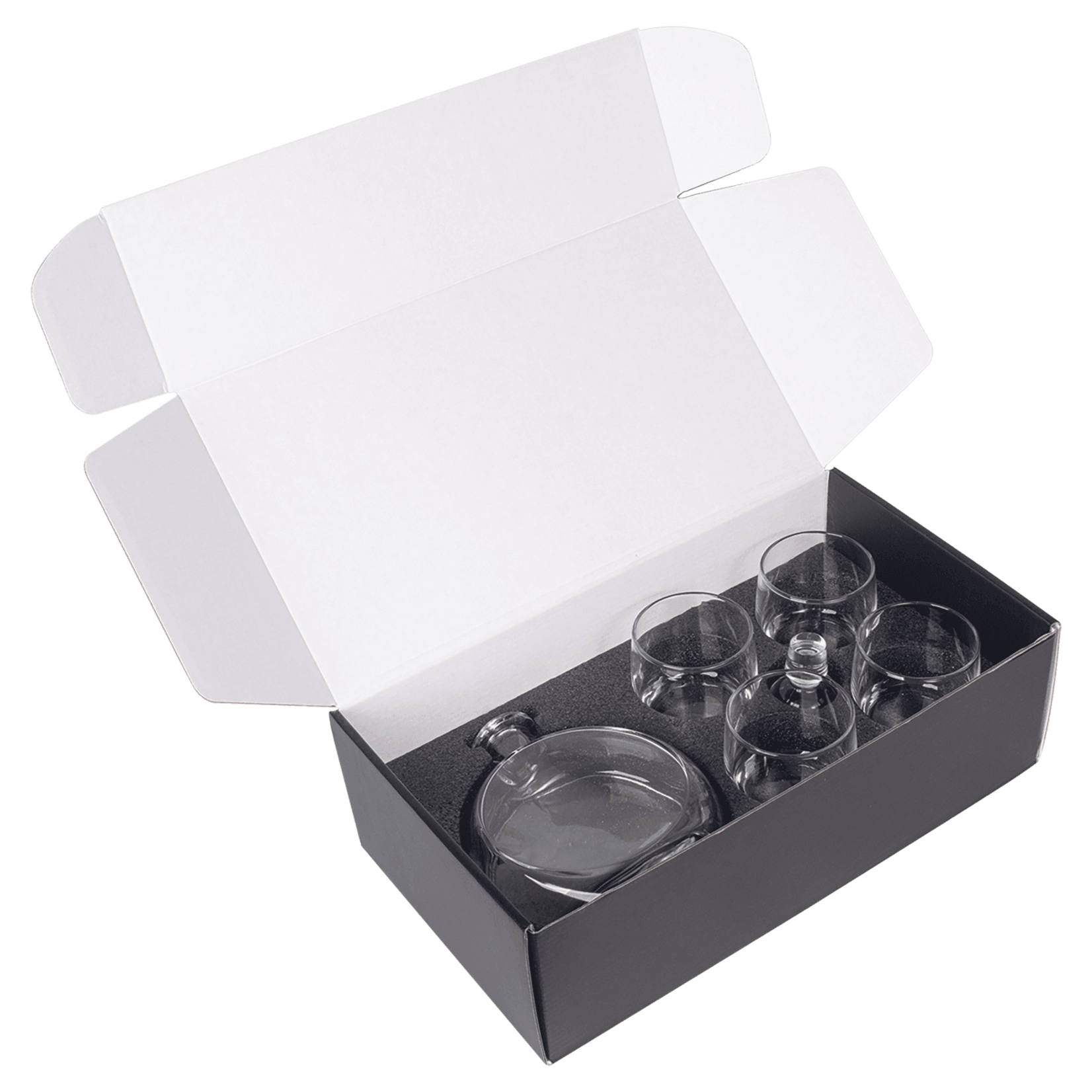 Prim In Proper Flat Round Decanter Set w/ 4 Glasses