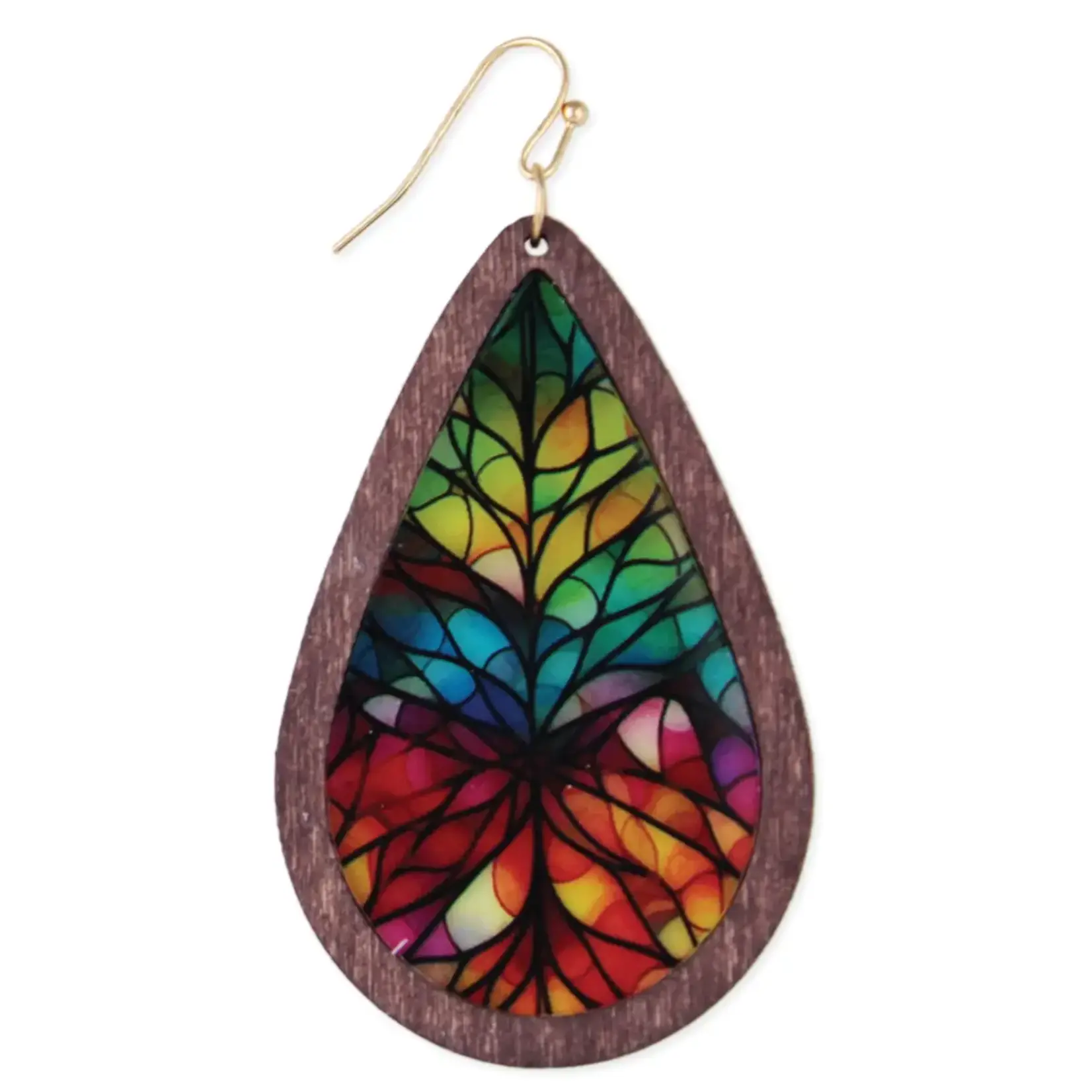 ZAD Rainbow Mosaic Stained Glass Print Wood Earrings