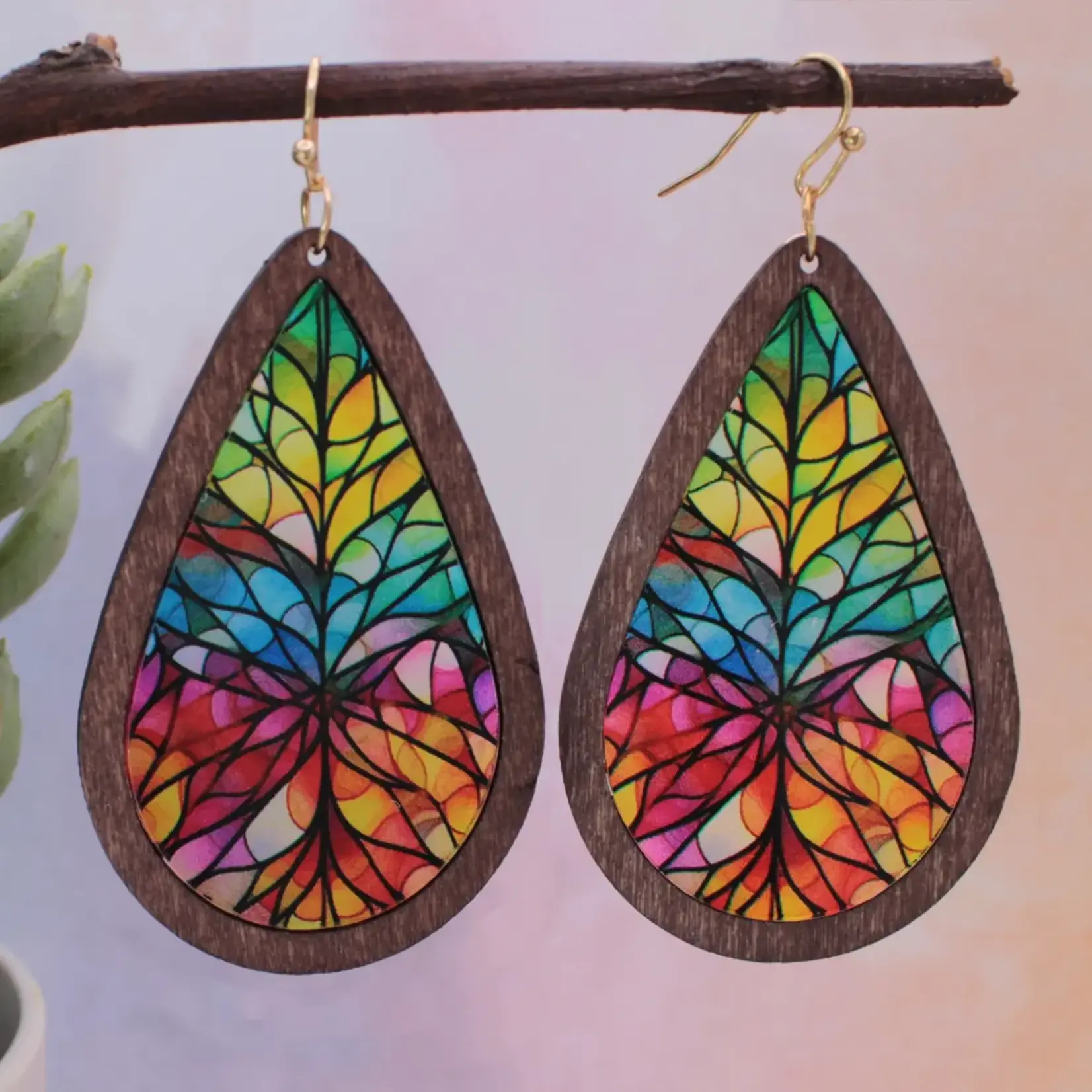 ZAD Rainbow Mosaic Stained Glass Print Wood Earrings