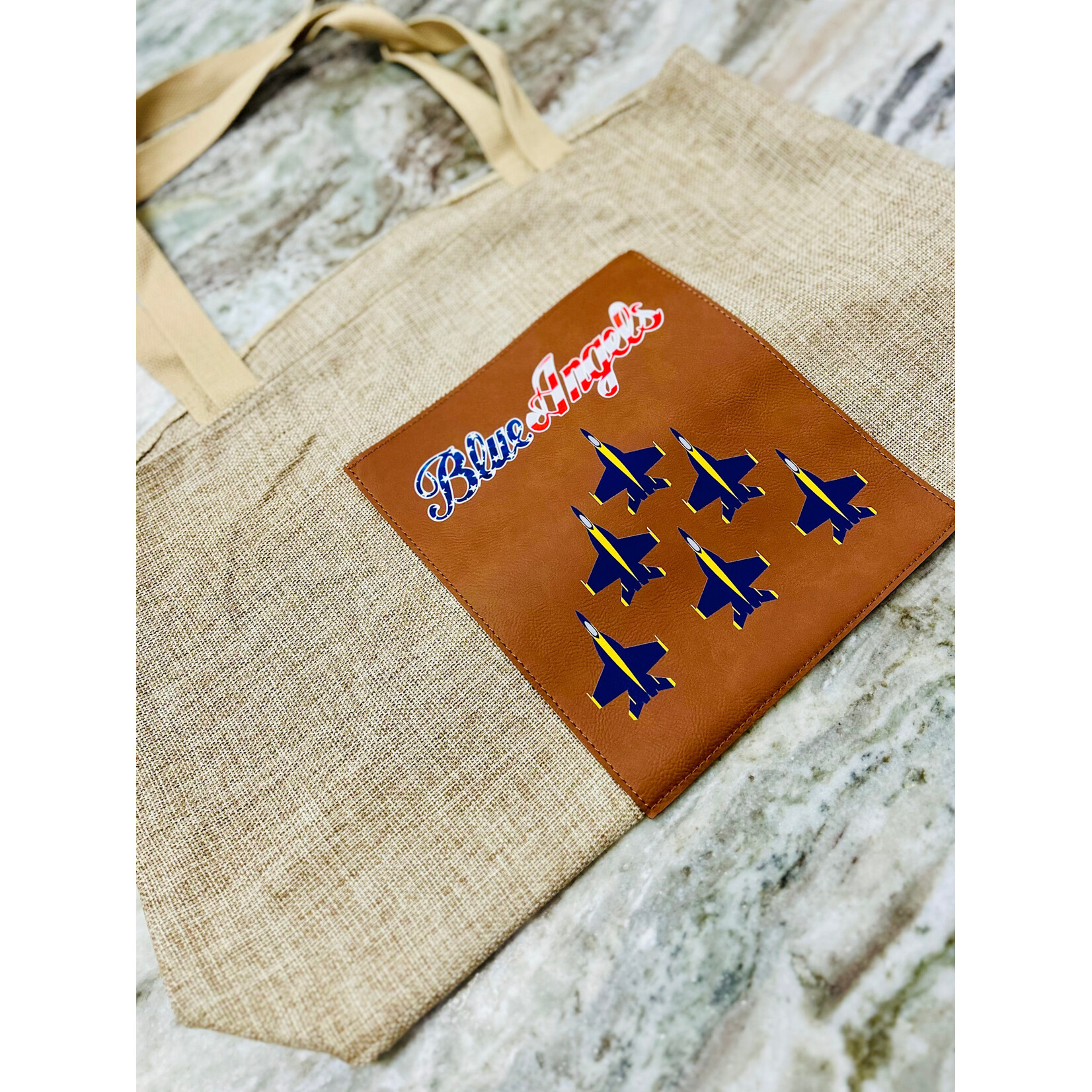 Prim In Proper Blue Angels Stars Stripes Burlap Tote Bag Rawhide w/Gusset