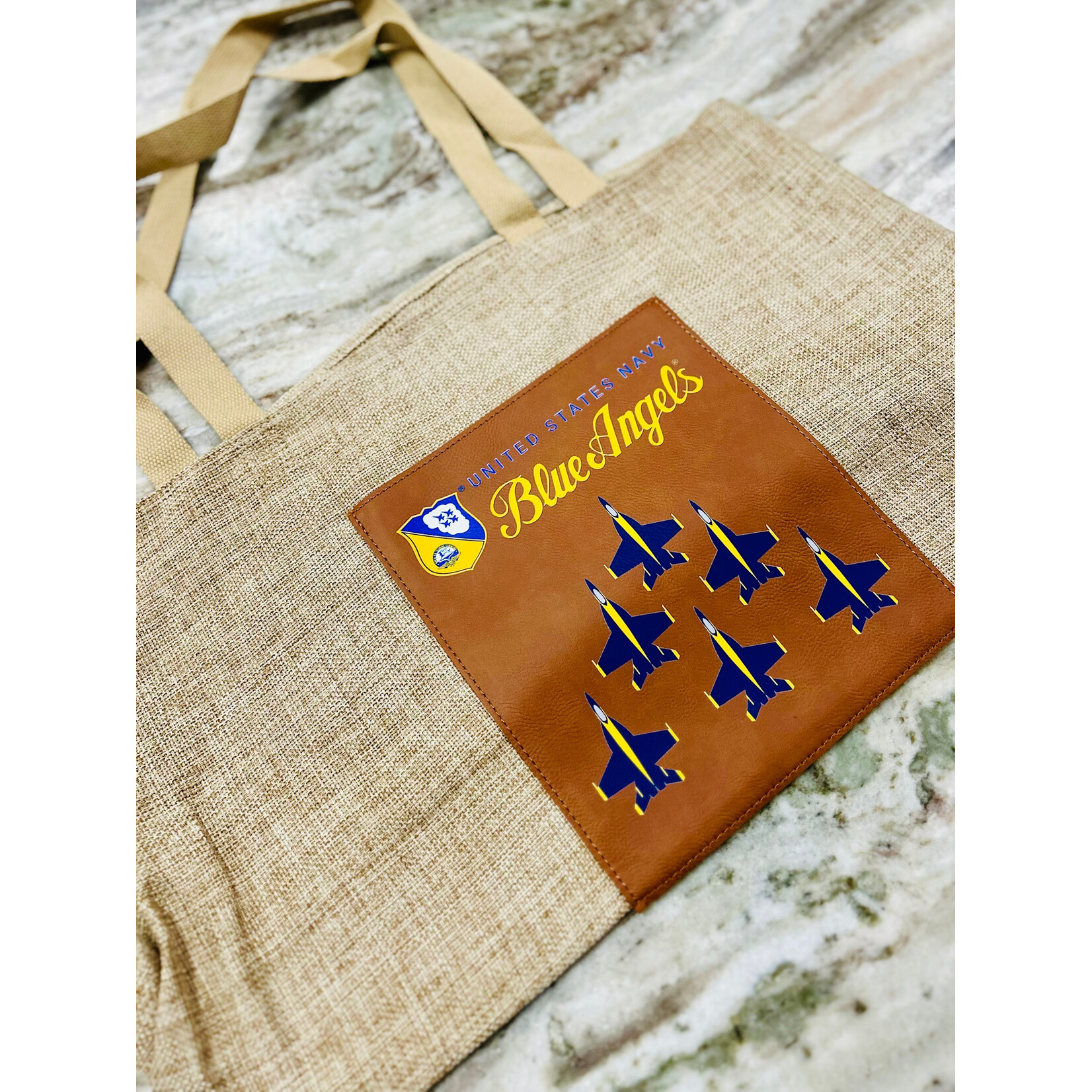 Prim In Proper Blue Angels Burlap Tote Bag Rawhide w/Gusset
