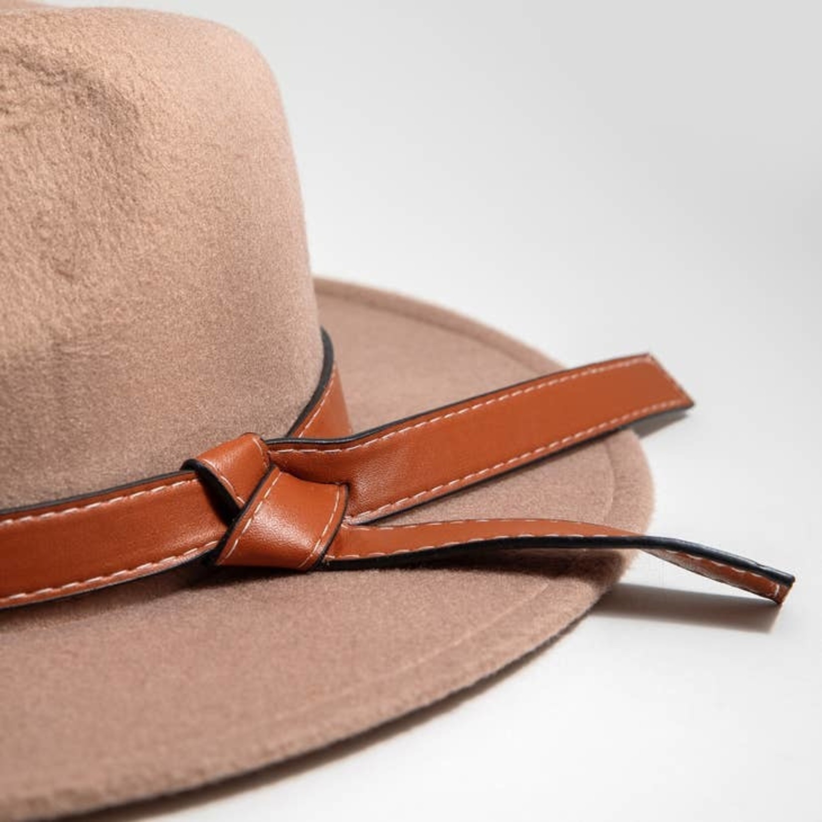 Avenue Zoe Faux Wool Panama Hat with Tied Leather Strap- Beige