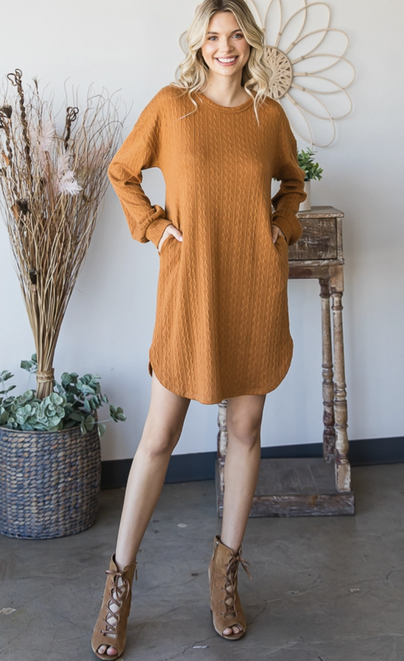 Caramel Puff Sleeve Dress with Texture