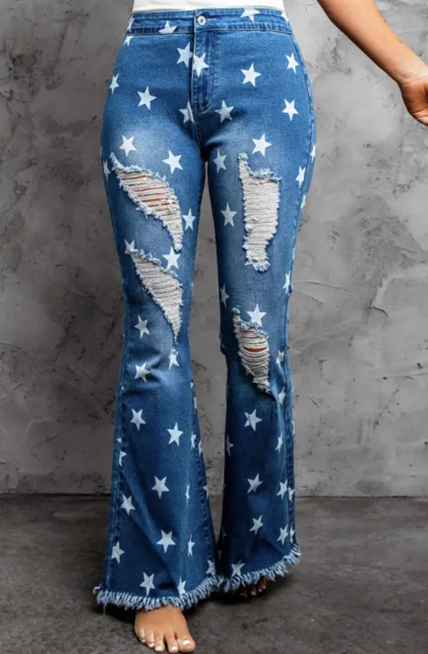 Black Swamp Boots and Apparel Star Print Distressed Raw Hem Flare Jeans BLUE Black Swamp Boots and Apparel Star Print Distressed Raw Hem Flare Jeans BLUE