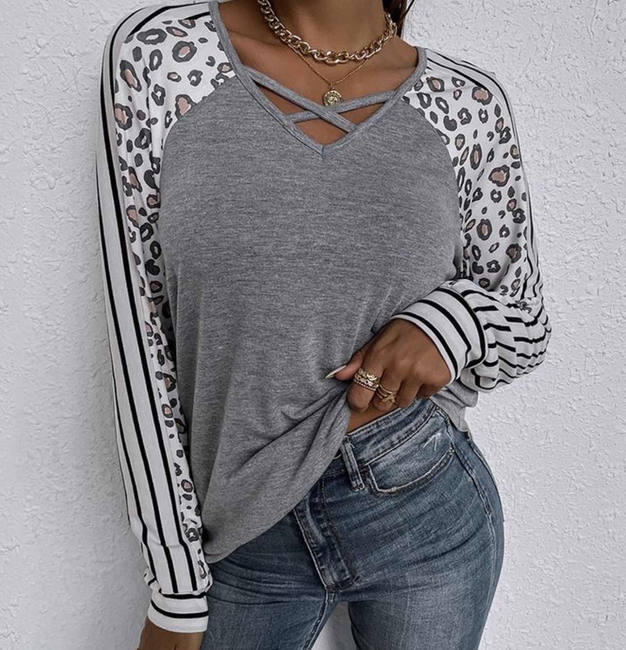Striped Leopard Print Long Sleeve Top