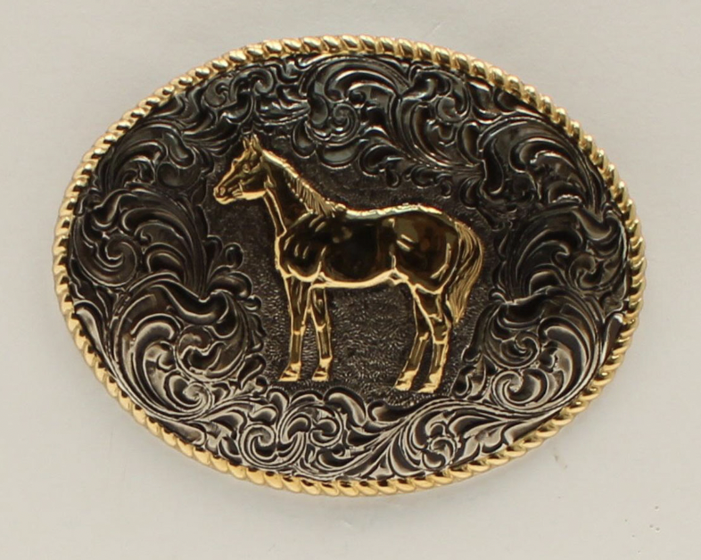 Black Swamp Boots and Apparel Oval Rope Edge Horse Belt Buckle Black Swamp Boots and Apparel Oval Rope Edge Horse Belt Buckle