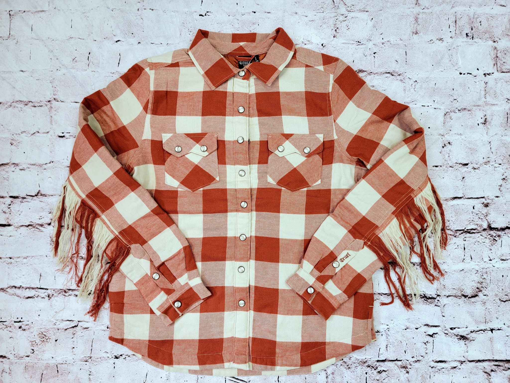 Cruel Cruel Women's Orange/Cream Fringe Shacket