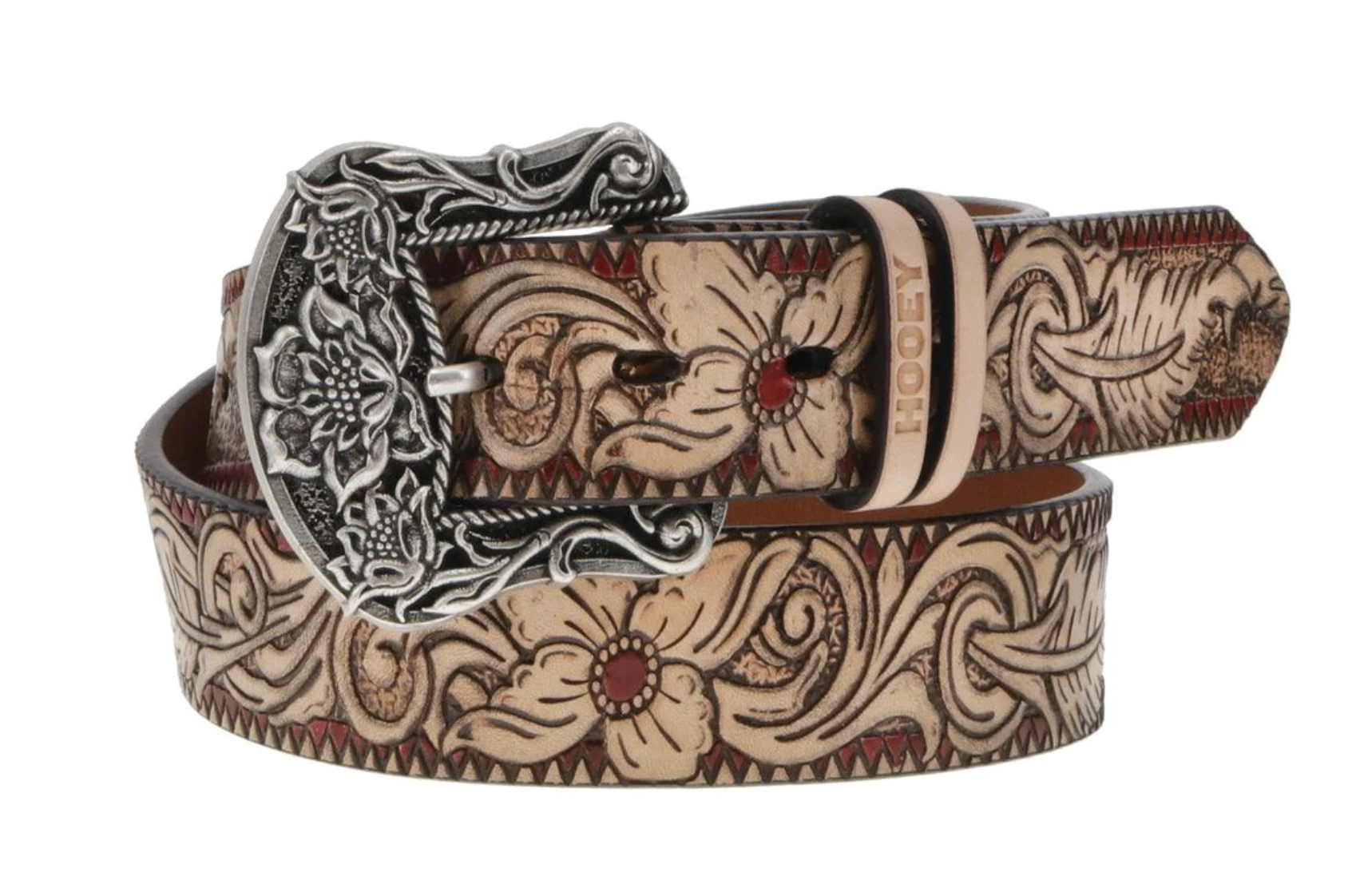 Hooey Hooey "Flor" Feather & Floral Filigree Embossed w/ Red Accents Belt Hooey Hooey "Flor" Feather & Floral Filigree Embossed w/ Red Accents Belt