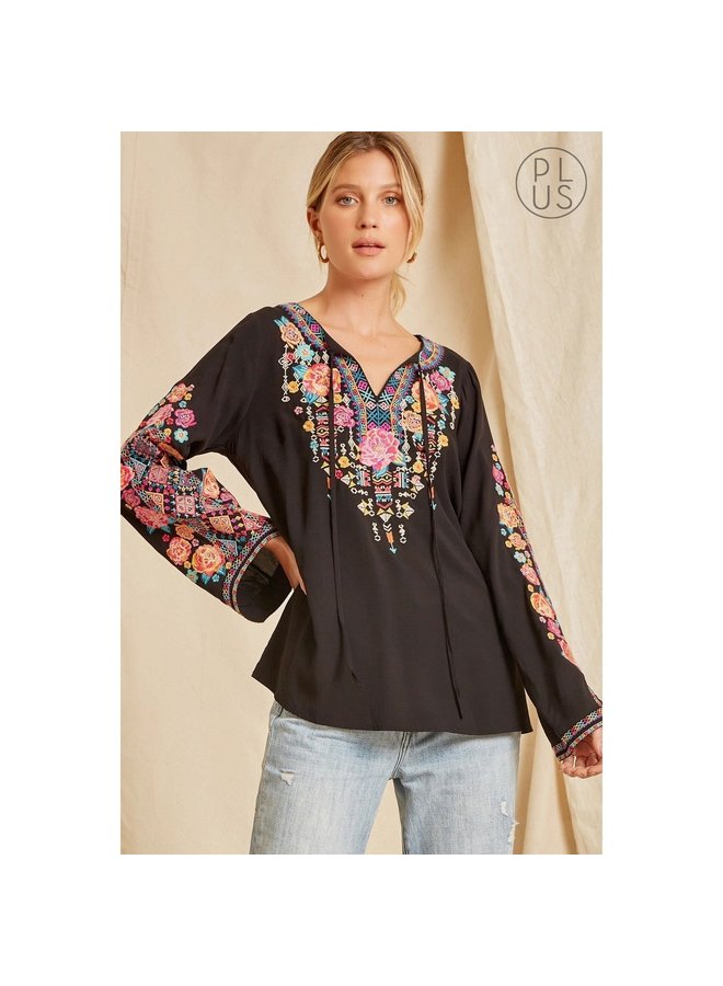 EMBROIDERED TASSEL TIE BLOUSE