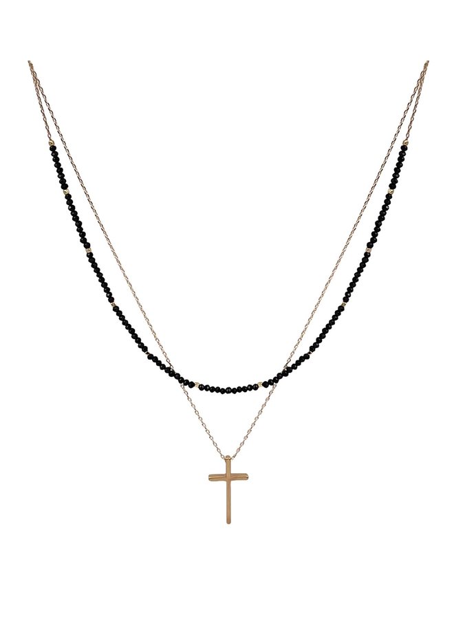 BLACK CRYSTAL WITH GOLD CROSS LAYERED NECKLACE